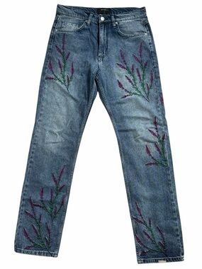 Mechali Embroidered Jeans Floral Denim Straight Leg Unisex S